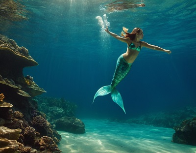 jeune enfant qui nage sous l'eau avec une queue de poisson