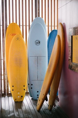 Différentes planches de surfs pour débutant dans un surf shop
