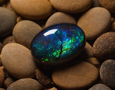 Opale noire étincelante, passant du vert intense au bleu sombre, sa face arrière reflète une brillance supérieure, soulignée par une pointe noire saisissante