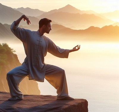 Un guide facile du Tai Chi pour les débutants à la maison 2 personne faisant des mouvements amples de tai chi sur un rocher au soleil levant