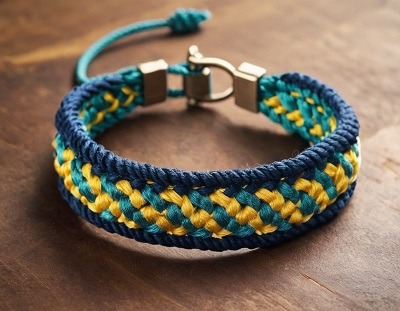Bracelet Kumihimo avec des couleurs jaunes, vert et bleu sur une table