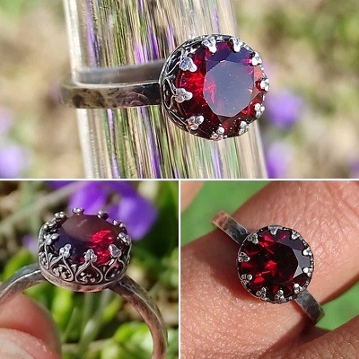 Le grenat, caractéristiques, géologie, propriétés et vertus de la pierre précieuse 2 3 images d'une pierre taillée de grenat monté sur une bague