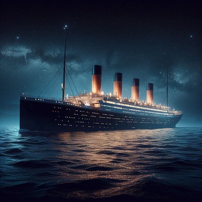 Bateau Titanic navigant sur une eau calme en pleine nuit.