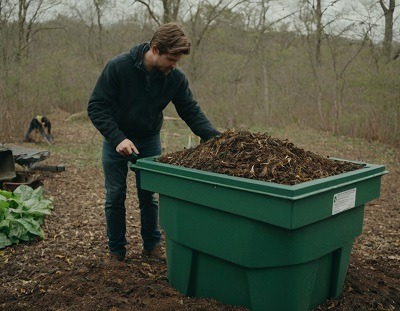 Choisir un composteur : Aide à la découverte de celui qui vous convient le mieux 3 Jardinier qui rempli son composteur dans son jardin
