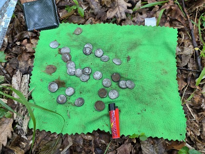 Prospection près d'un cours d'eau en forêt, détecteur de métaux en action