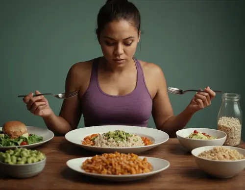 Femme savourant un repas équilibré avec des légumes et du poulet, suivant le programme de régime savoirmaigrir.fr