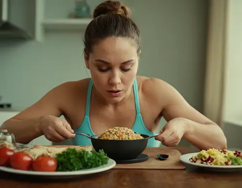 Femme heureuse en train de déguster une assiette saine avec fruits et légumes, dans le cadre du régime savoirmaigrir.fr