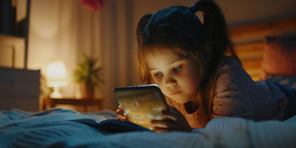 little girl is playing with video game her tablet