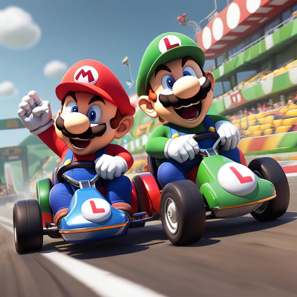 un deux personnages sont a cheval sur une voiture de jouet et l un une fleche rouge sur le devant