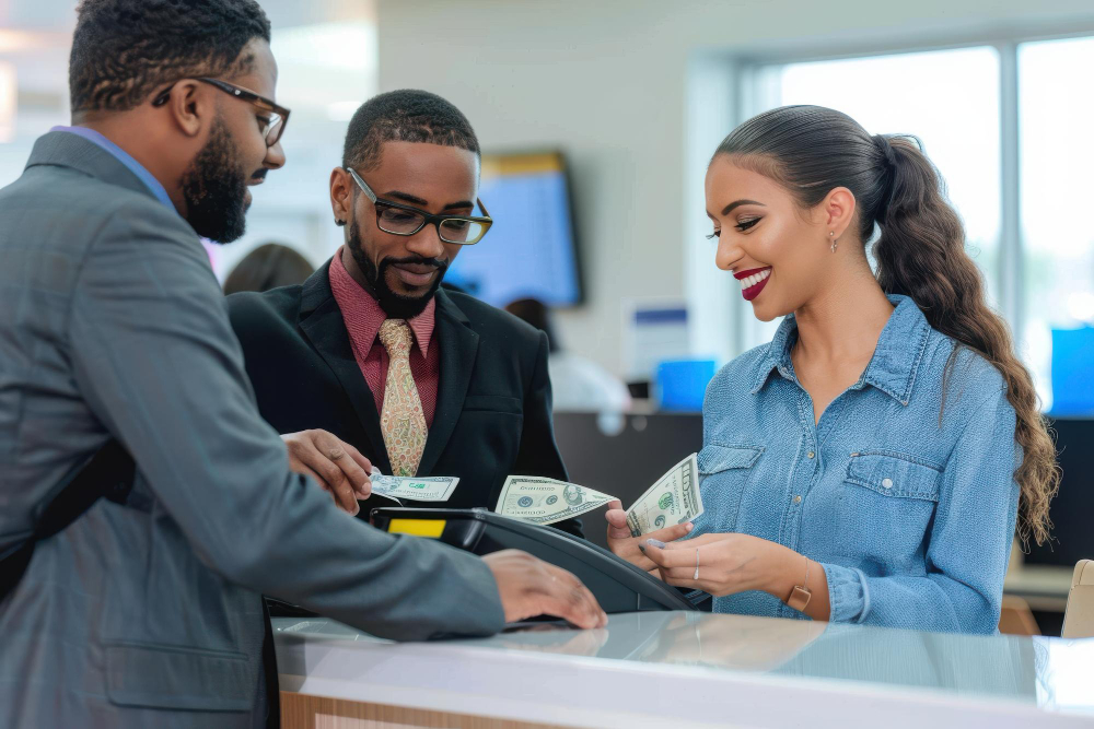 Trois personnes à la banque
