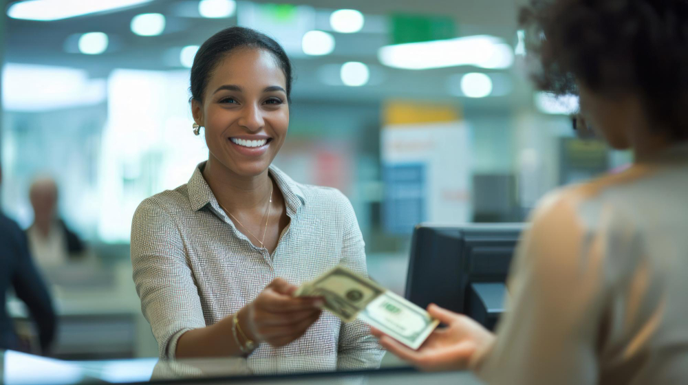 Femme souriante à la banque